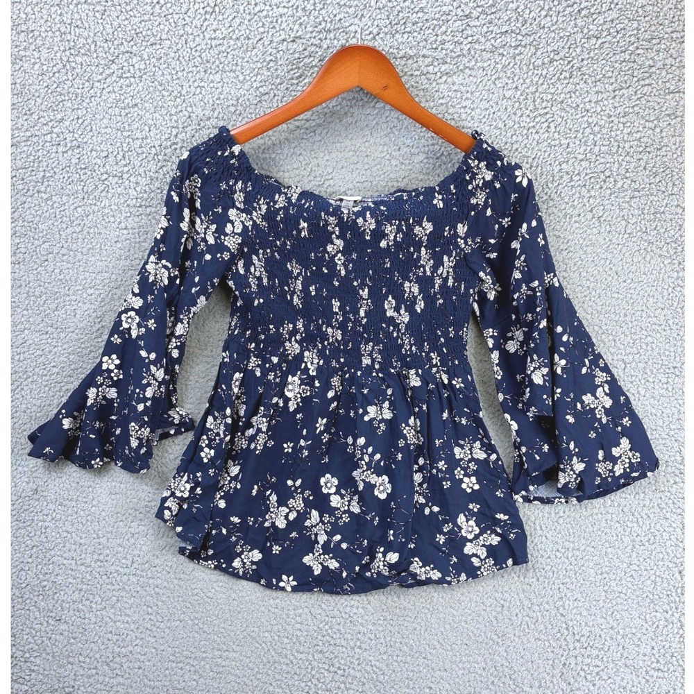 Cupio Off The Shoulder Smocked Floral Blouse Womens Size S Blue Top Summer NWT